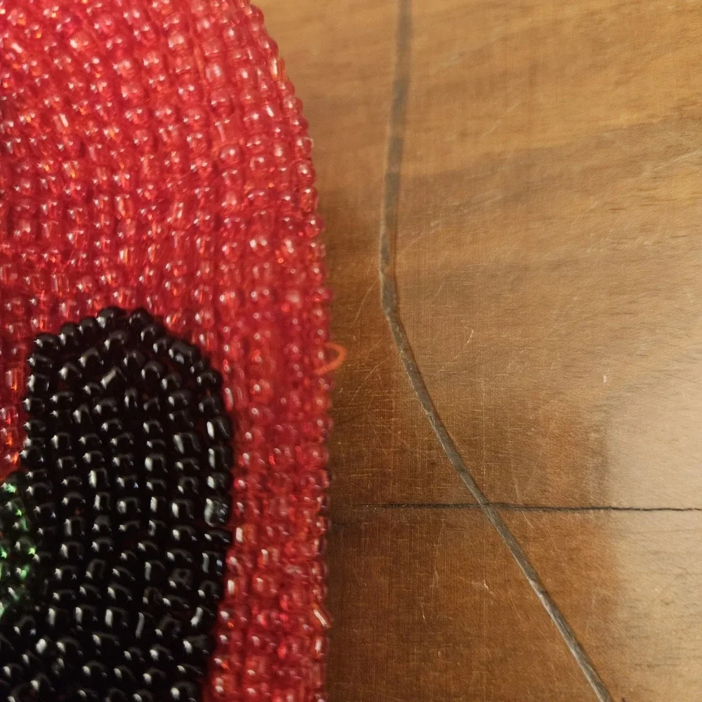 Panda Bear Holding Bamboo Leaf Beaded Wristlet‎ Change Coin Purse Red